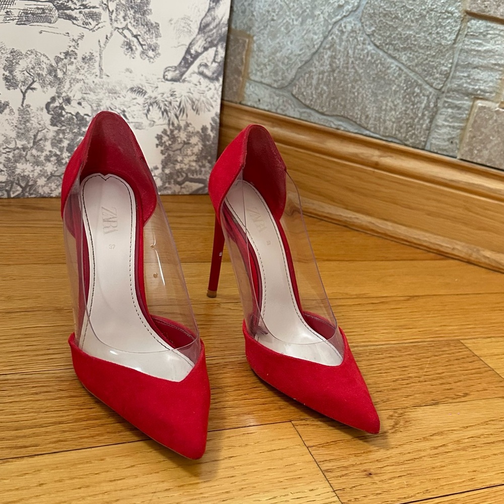 Zara Red Suede Pointed Toe Heels Size 7